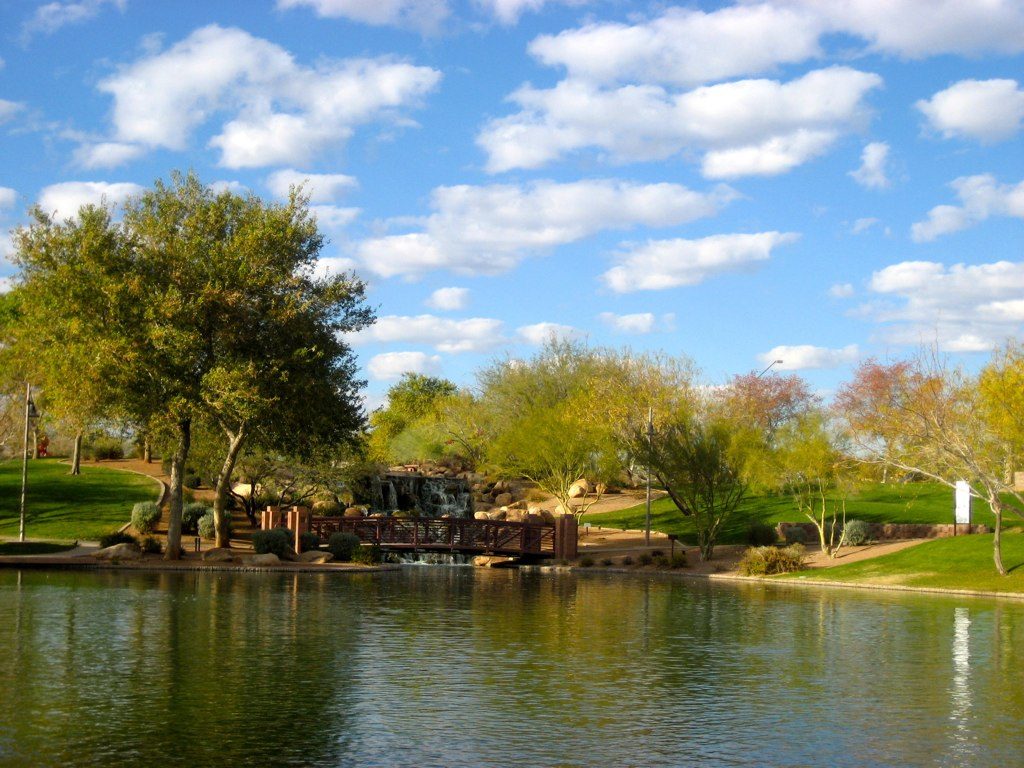 Lake and trees at Anthem Community Park, Anthem, Arizona
