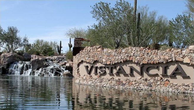 Vistancia entry sign and waterfall, Peoria, Arizona